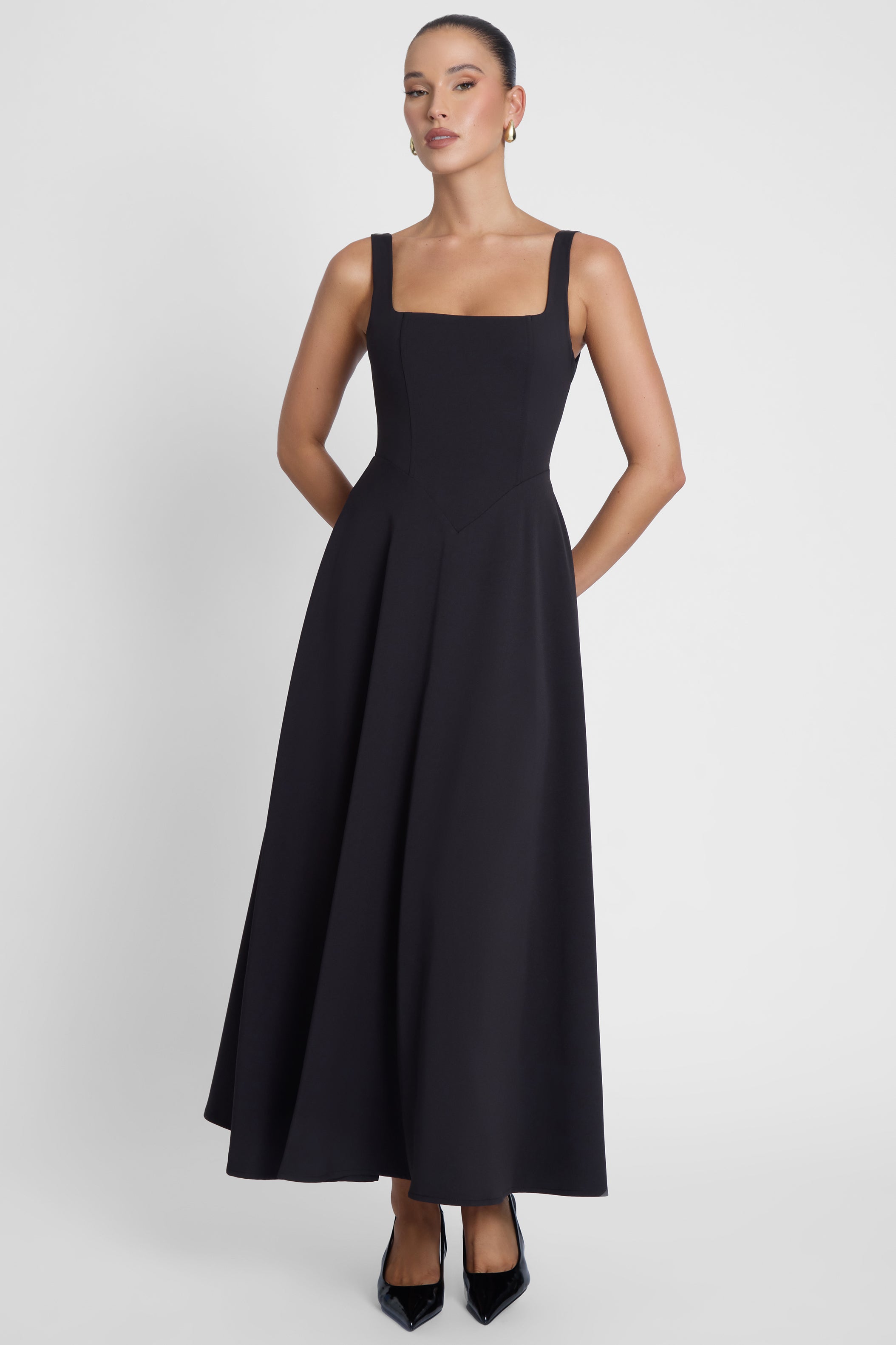 Serenity Square Neck Corset Midi Dress - Black